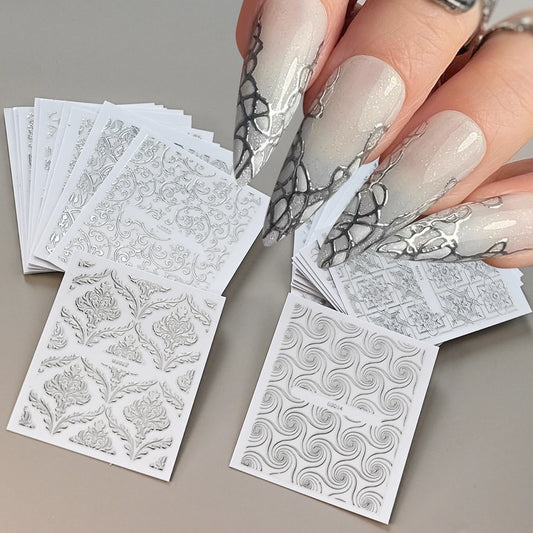 Pack of 3D Metallic Stickers with Floral Vine and Silver Lace Design - 30 Sheets