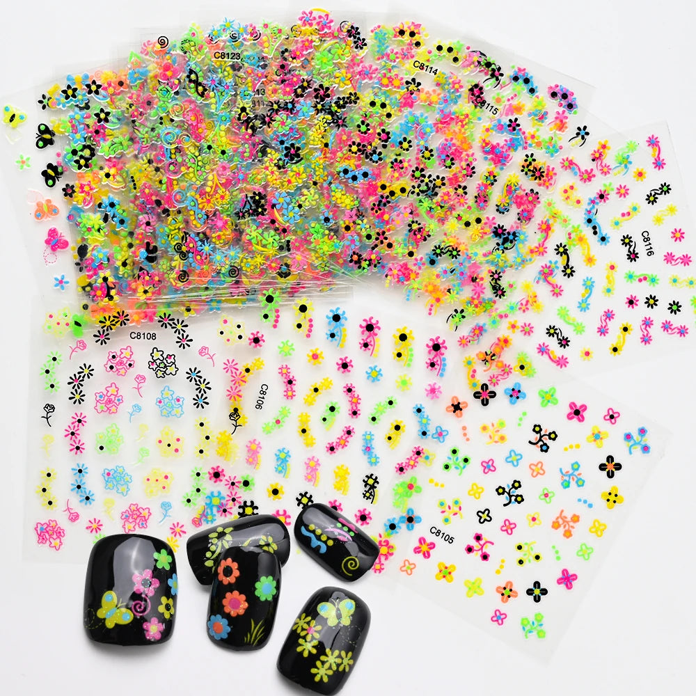 Fluorescent Floral Design 3D Stickers Pack - 24 Sheets
