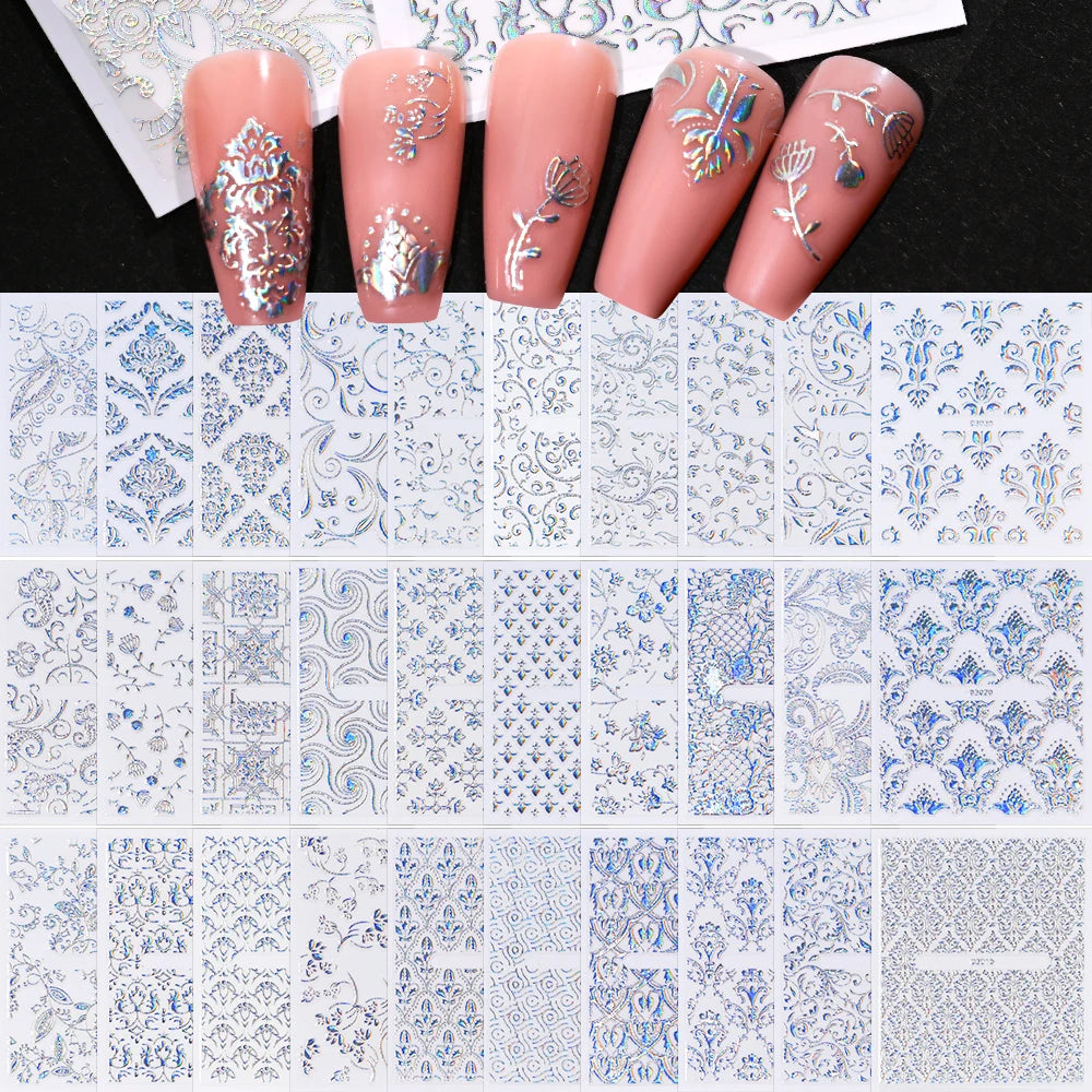 Pack of 3D Metallic Stickers with Floral Vine and Silver Lace Design - 30 Sheets